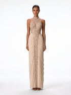 Lindy Beige Sequin Halter Column Gown