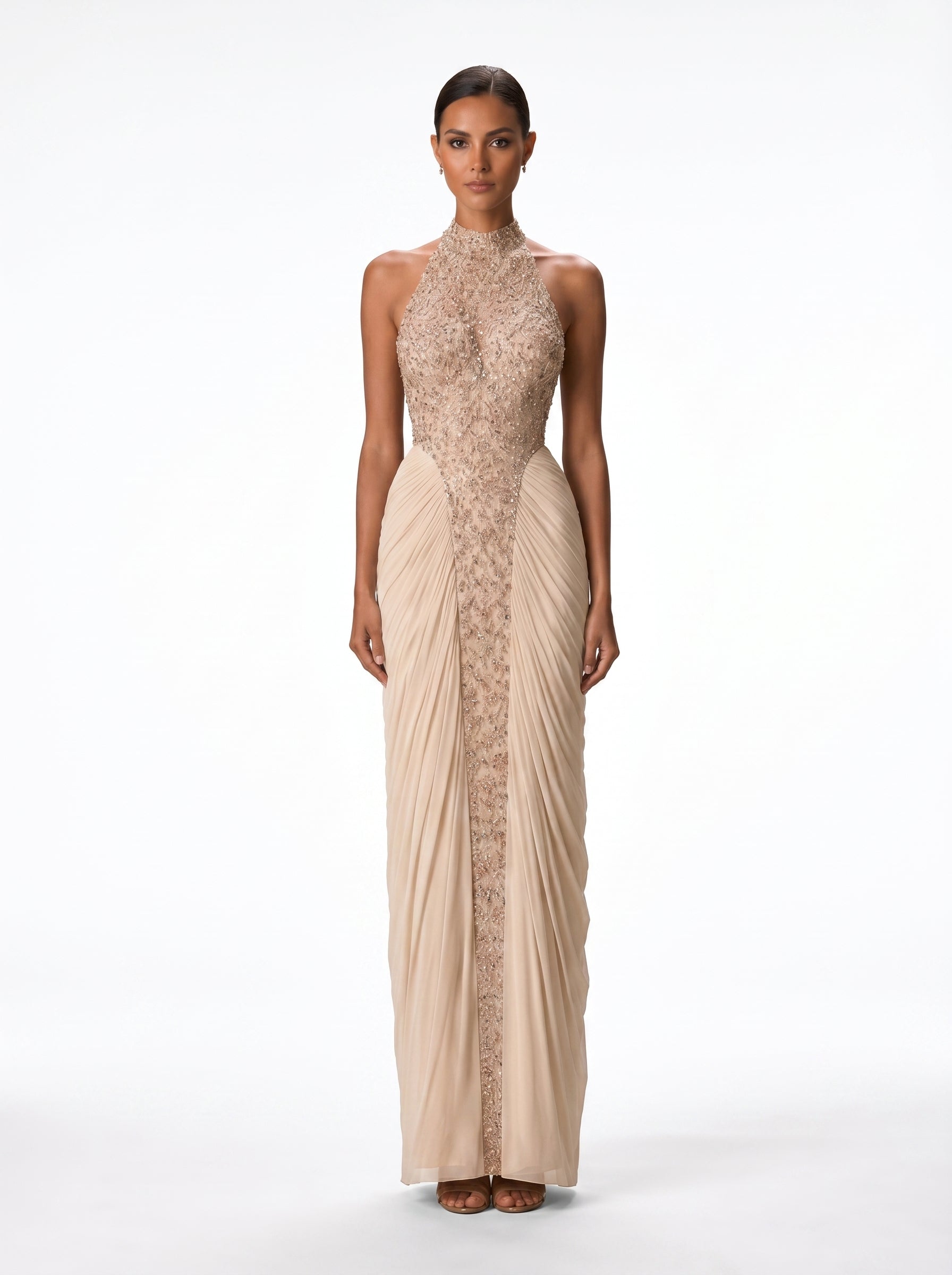 Lindy Beige Sequin Halter Column Gown