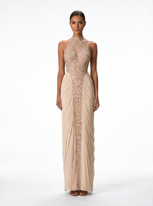 Lindy Beige Sequin Halter Column Gown