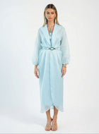 Orla Baby Blue Organza Crepe Draped Layered Gown by MOOEi — Luxury Evening Wear Dubai