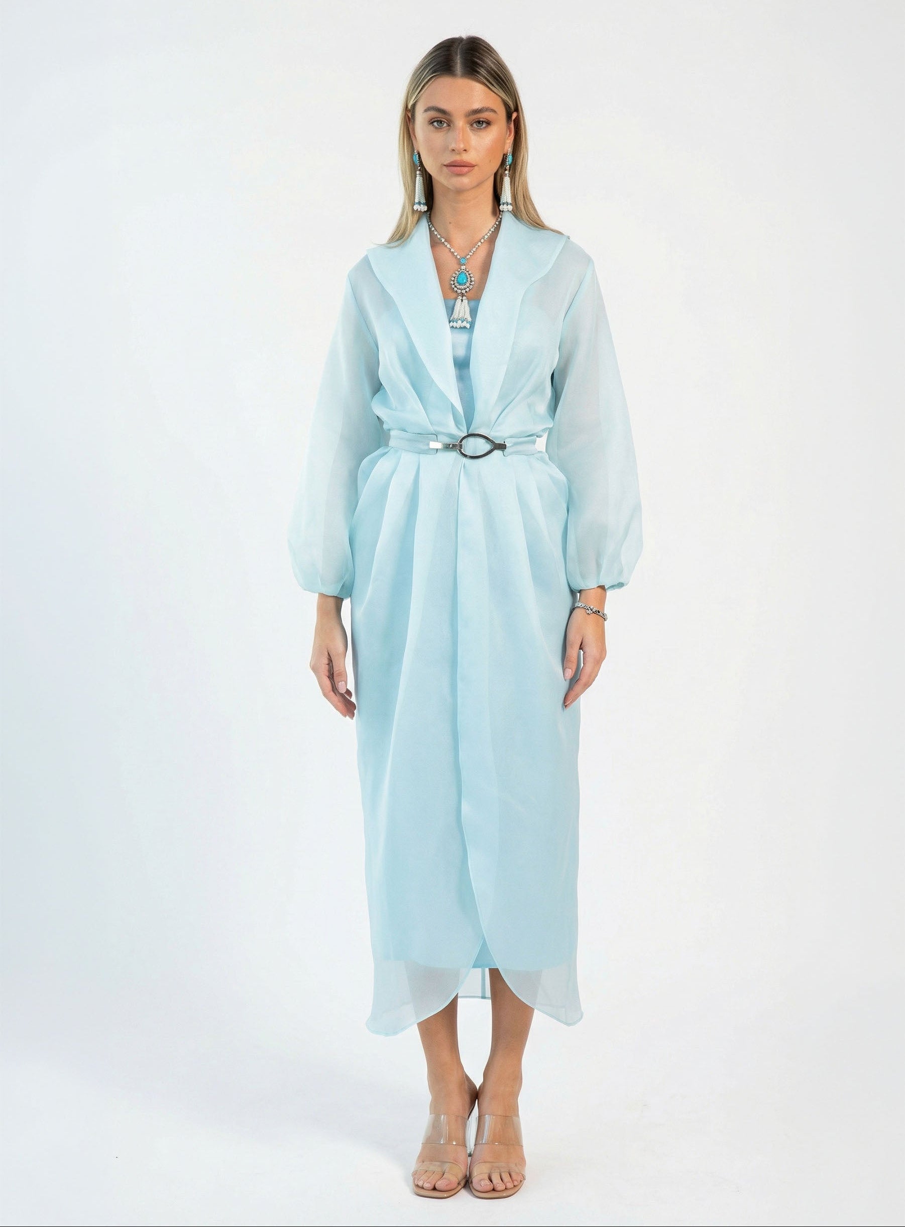 Orla Baby Blue Organza Crepe Draped Layered Gown by MOOEi — Luxury Evening Wear Dubai