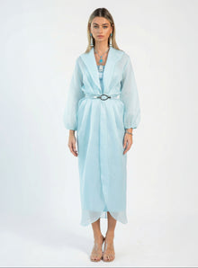Orla Baby Blue Organza Crepe Draped Layered Gown by MOOEi — Luxury Evening Wear Dubai