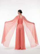 Coral Beige Chiffon Jumpsuit detail by MOOEi — Luxury Evening Wear Dubai