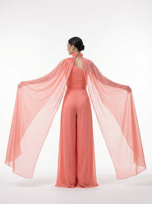 Coral Beige Chiffon Jumpsuit detail by MOOEi — Luxury Evening Wear Dubai