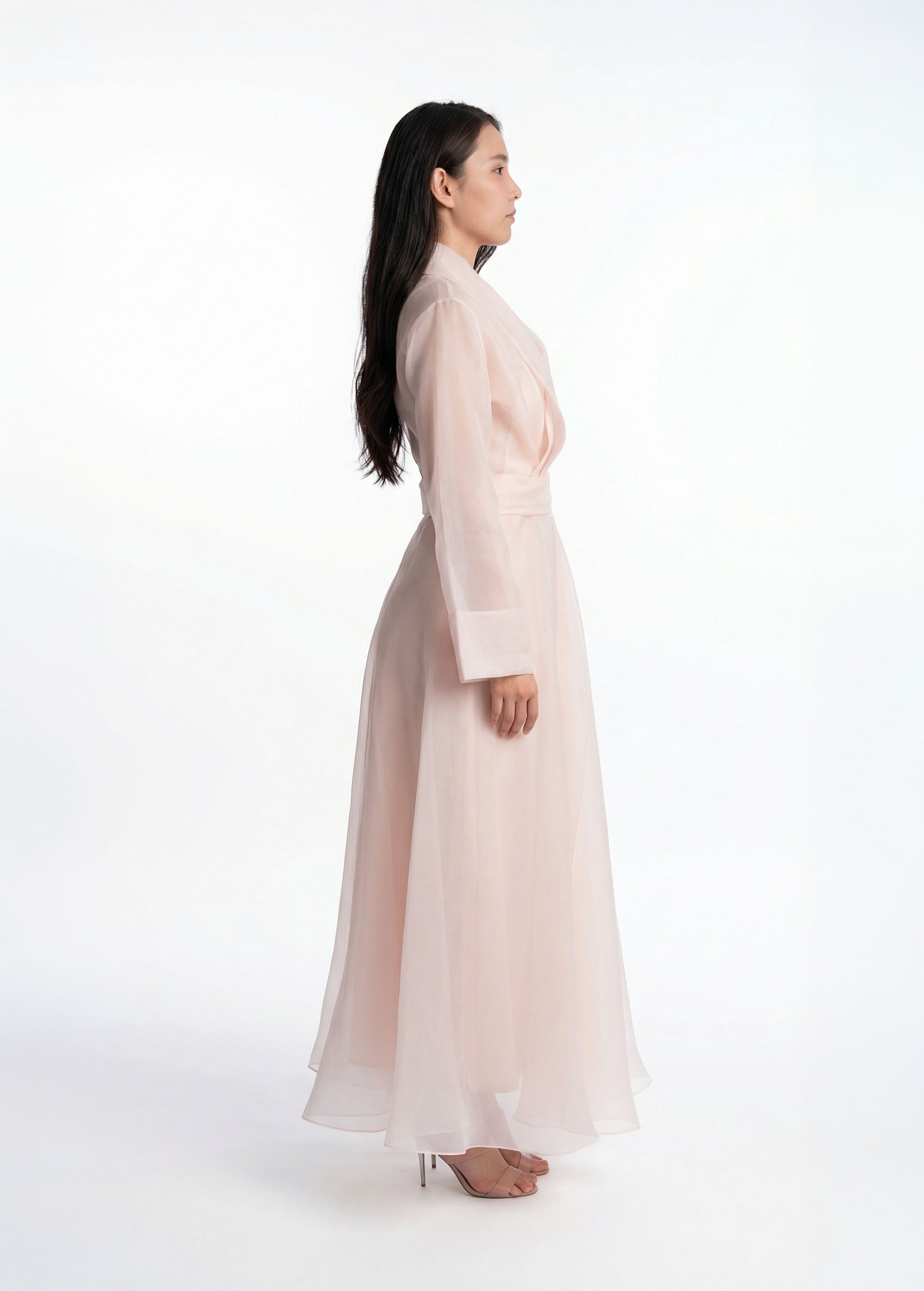 Bella Azalea Pink Organza Wrap Gown side by MOOEi — Luxury Evening Wear Dubai