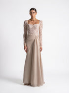 Evania Beige Lace Bodice Long Sleeve Draped Chiffon Gown