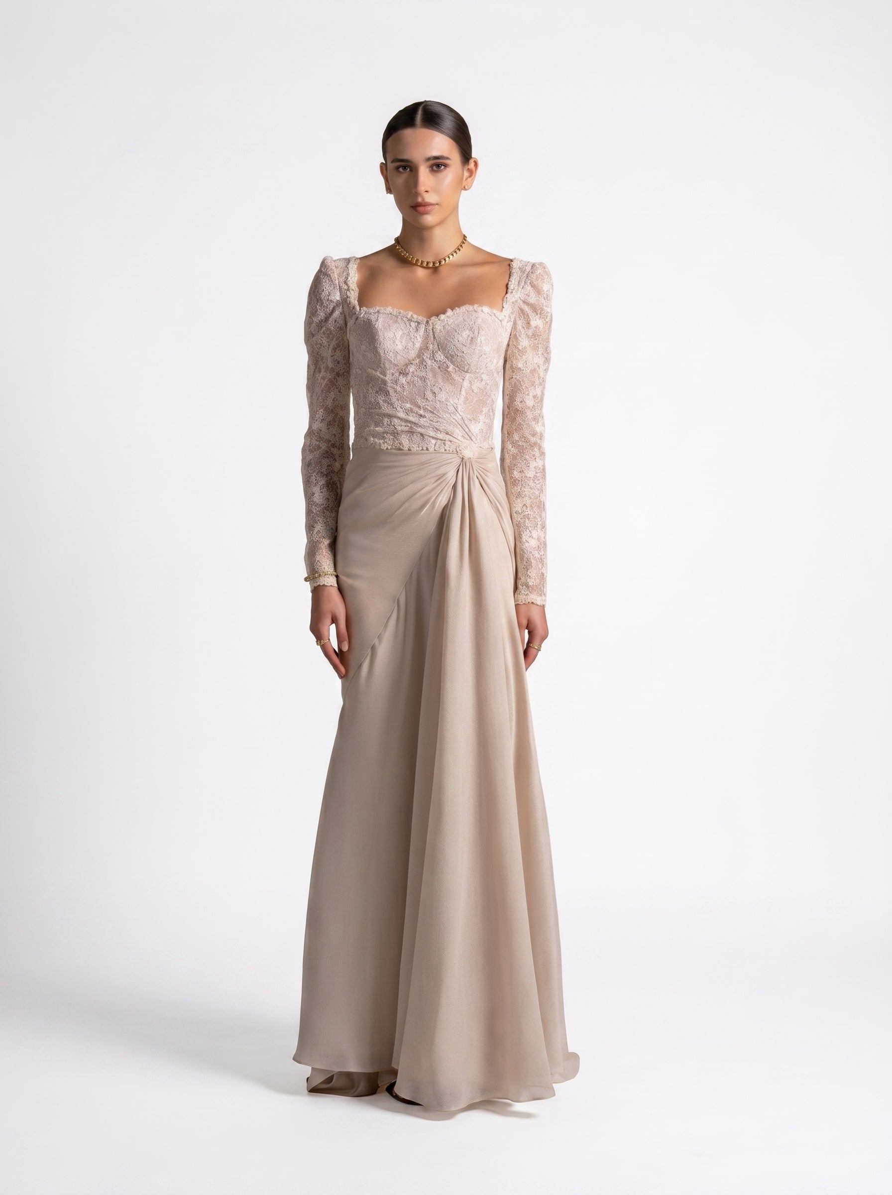 Evania Beige Lace Bodice Long Sleeve Draped Chiffon Gown