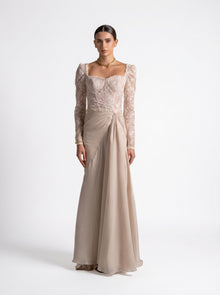 Evania Beige Lace Bodice Long Sleeve Draped Chiffon Gown
