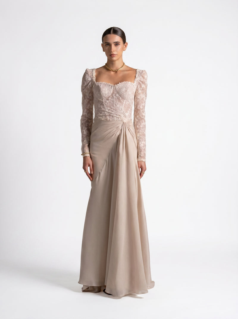 Evania Beige Lace Bodice Long Sleeve Draped Chiffon Gown