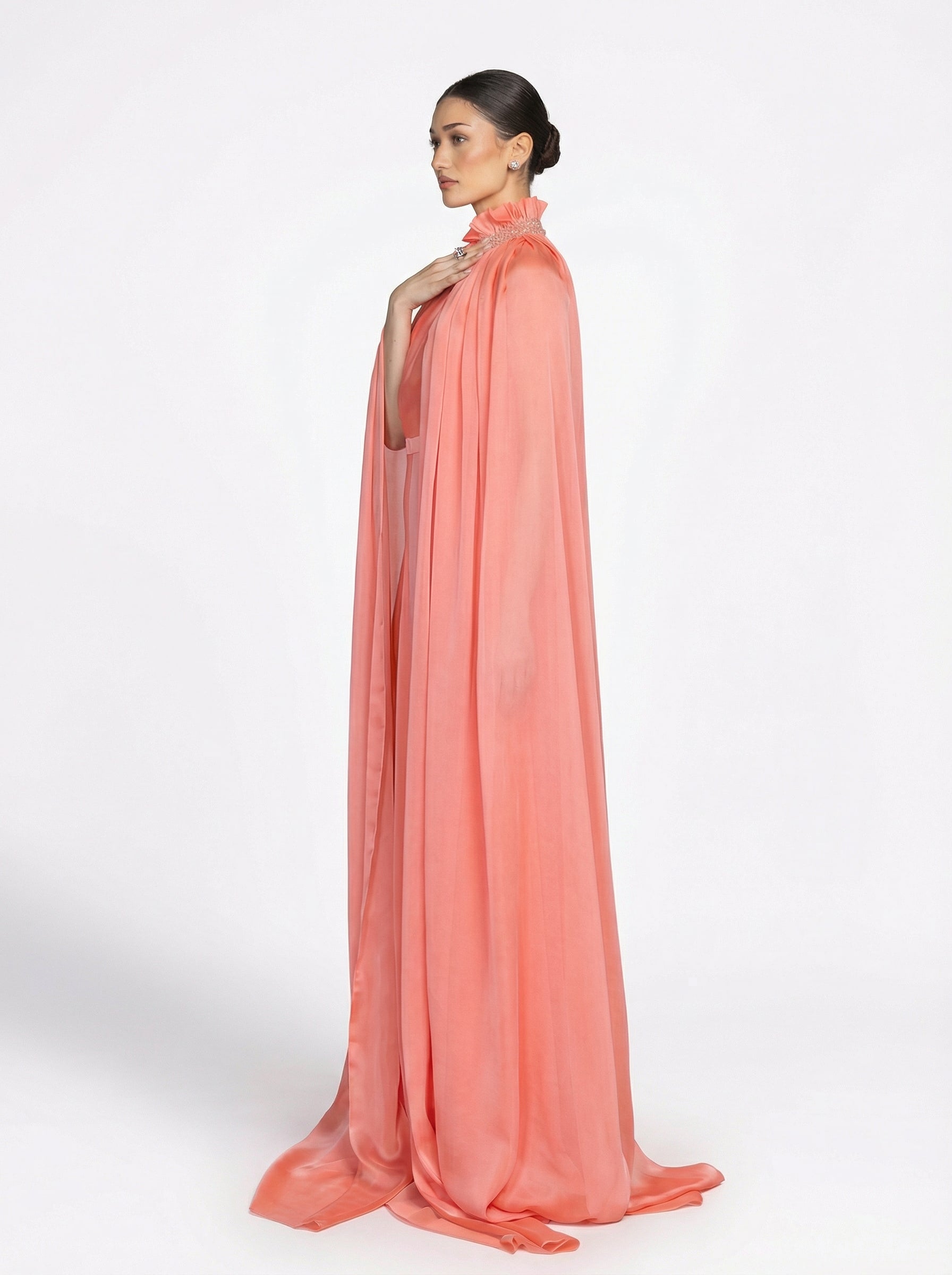 Coral Beige Jumpsuit close up by MOOEi — Luxury Evening Wear Dubai