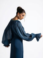 Zoe Turquoise Pleated Organza Voluminous Sleeve Crepe Gown