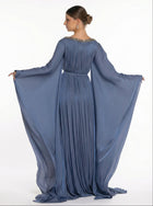 Bloom Muted Blue Pleated Gown side view by MOOEi — Luxury Evening Wear Dubai