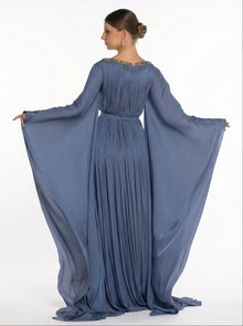Bloom Muted Blue Pleated Gown side view by MOOEi — Luxury Evening Wear Dubai