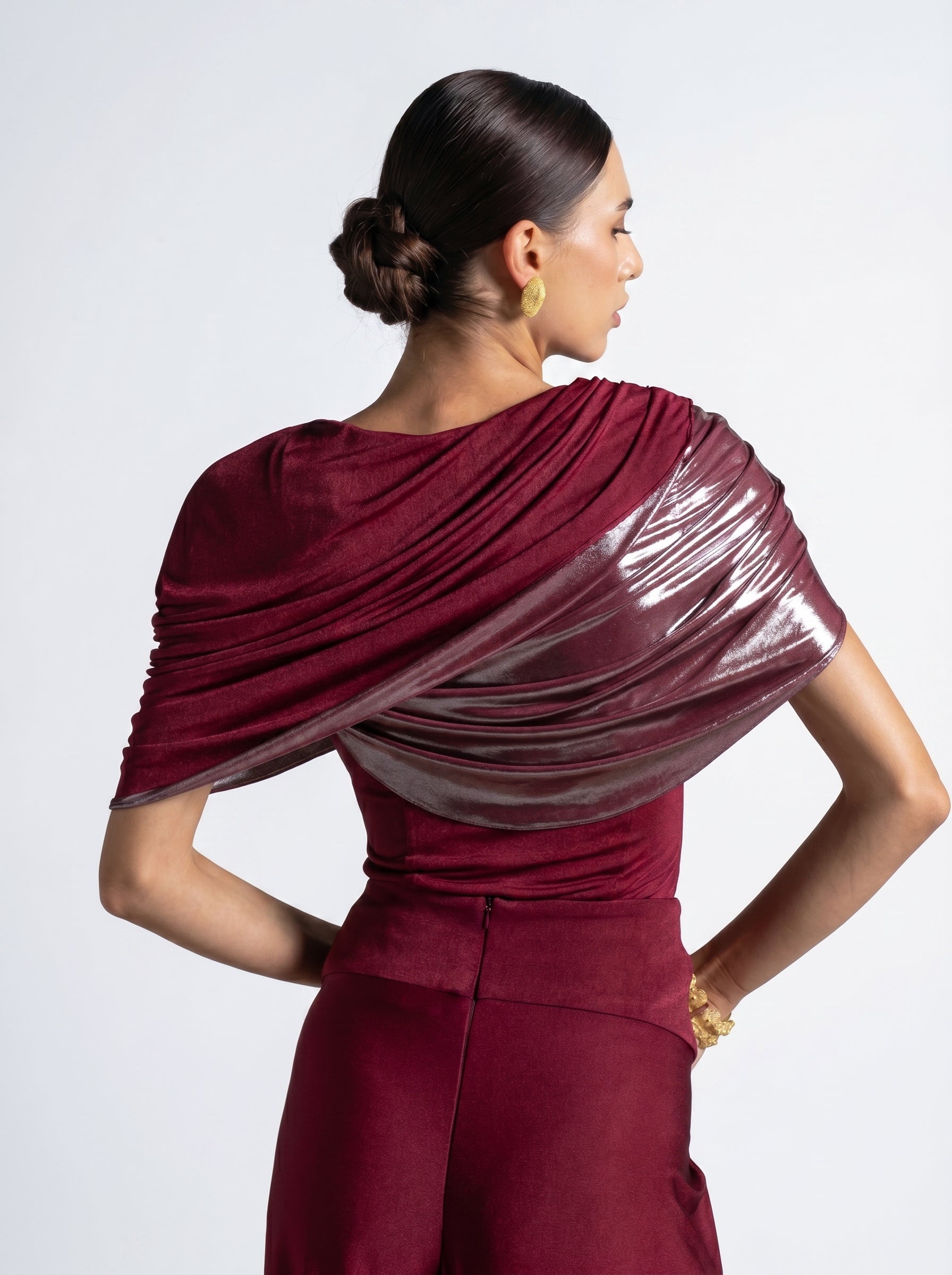 Diana Maroon Asymmetric Draped Metallic Detail Gown