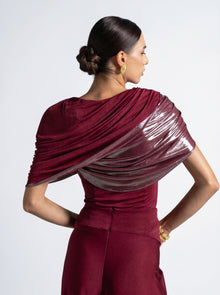 Diana Maroon Asymmetric Draped Metallic Detail Gown