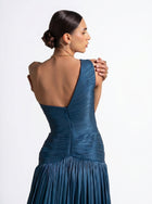 Layali Turquoise One Shoulder Ruched Embellished Couture Gown