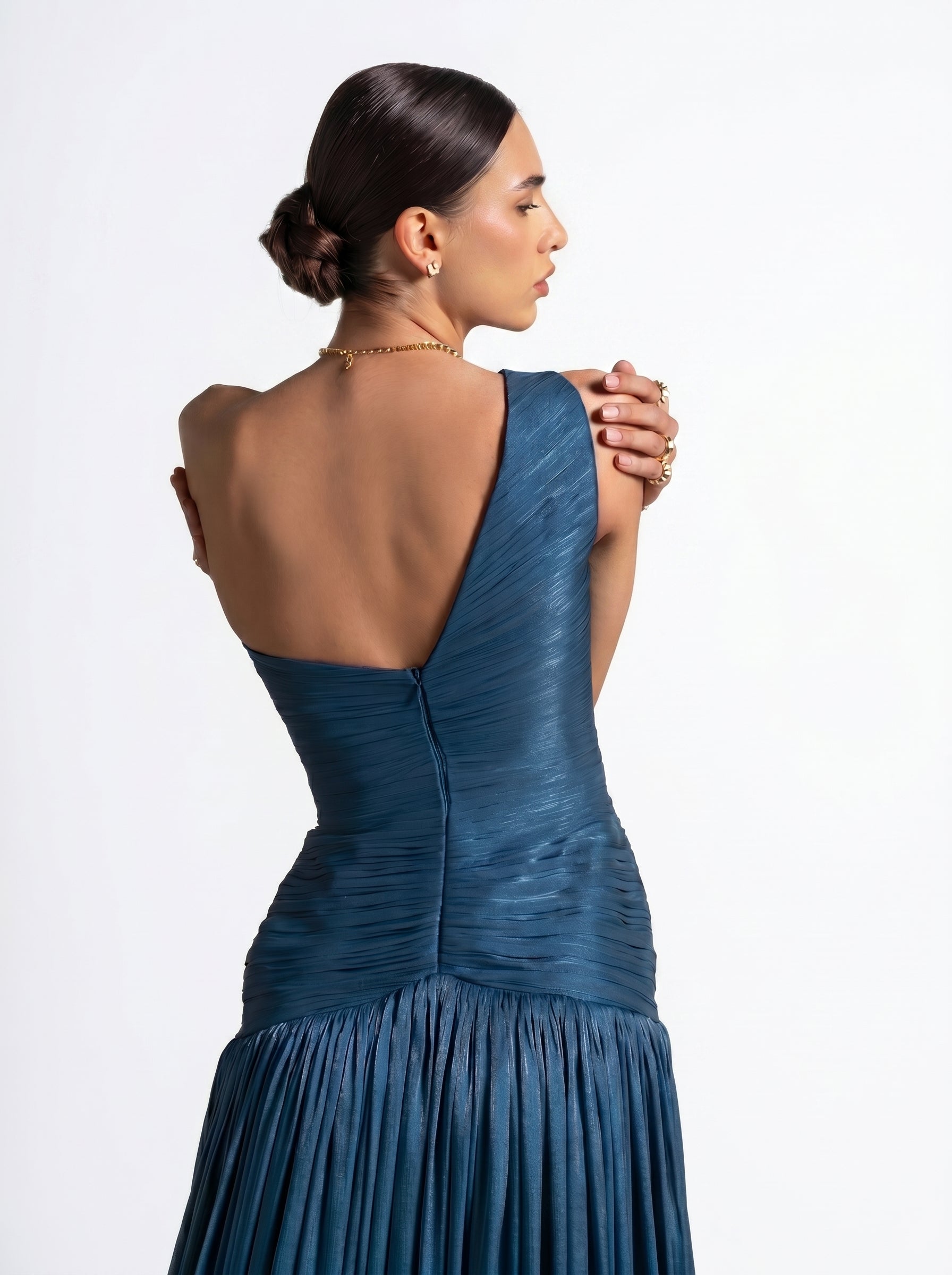 Layali Turquoise One Shoulder Ruched Embellished Couture Gown