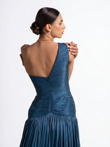 Layali Turquoise One Shoulder Ruched Embellished Couture Gown