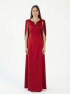 Ananta Red Floor Length Pleated Cape Gown by MOOEi — Luxury Evening Wear Dubai