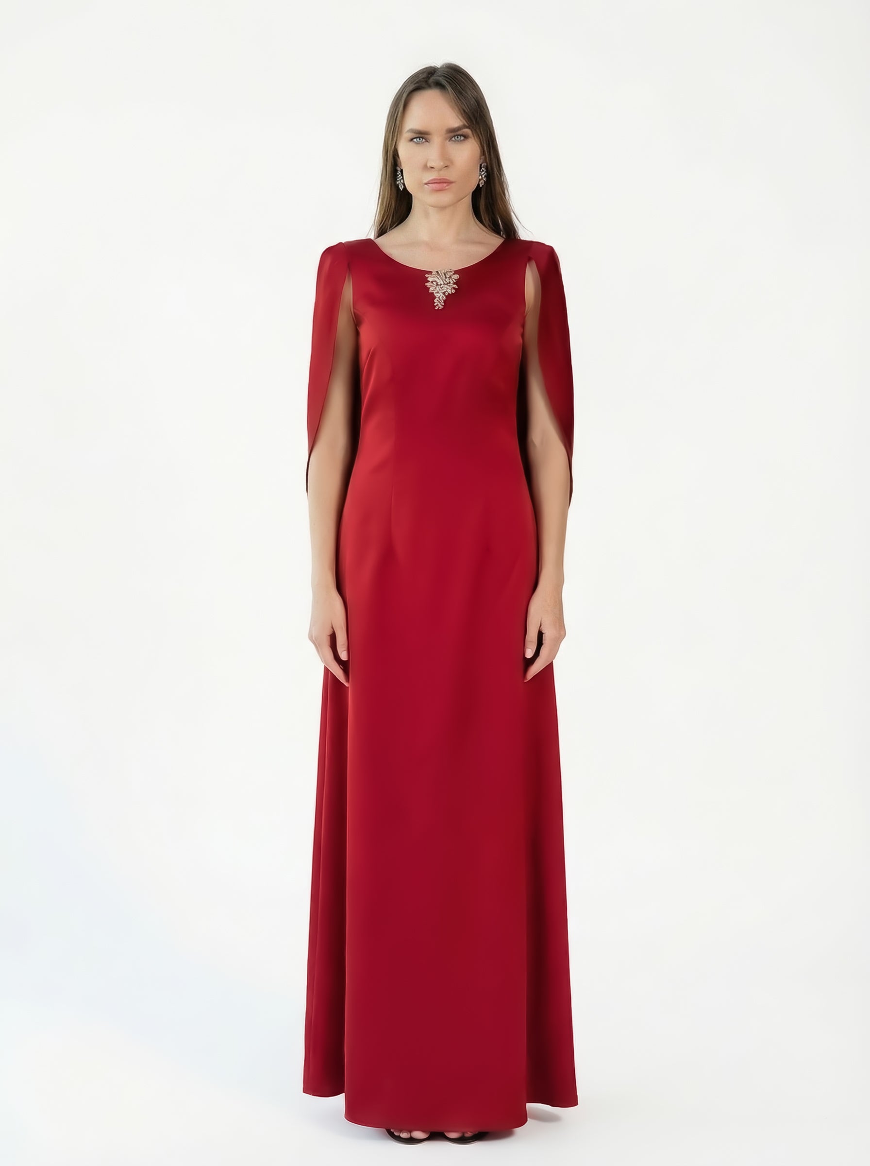 Ananta Red Floor Length Pleated Cape Gown by MOOEi — Luxury Evening Wear Dubai