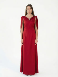 Ananta Red Floor Length Pleated Cape Gown by MOOEi — Luxury Evening Wear Dubai