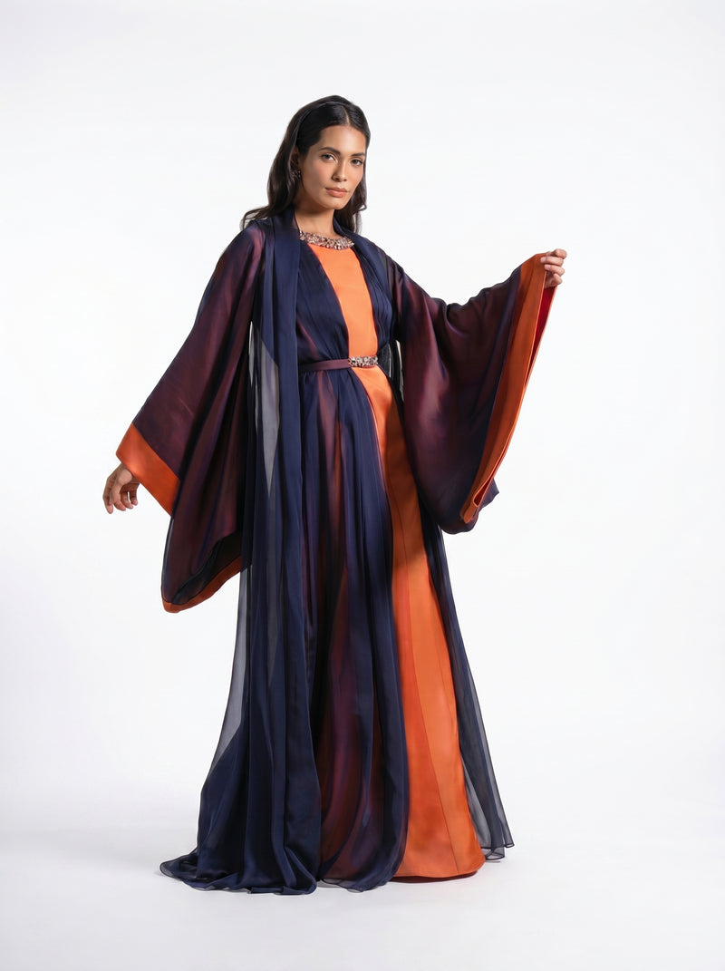 Irene Navy Blue Tangerine Chiffon Satin Gown
