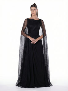 Eleganza Black Crepe Satin Lace Bodice Draped Gown by MOOEi — Luxury Evening Wear Dubai