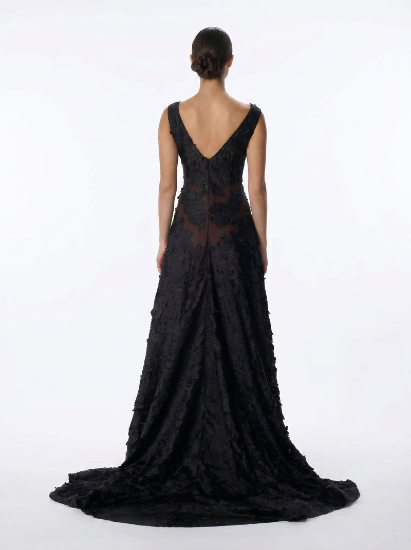 Poison Black Lace A Line Ball Gown with Cathedral Train