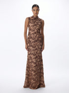 Sultana Chocolate Sequin Lace Column Gown with Cape