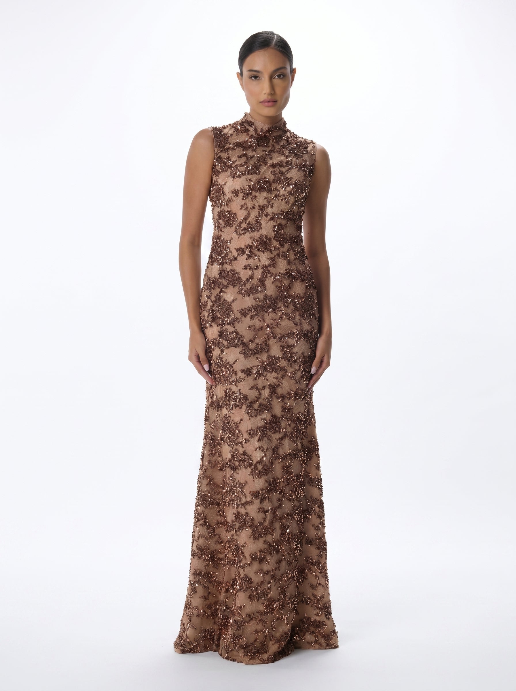 Sultana Chocolate Sequin Lace Column Gown with Cape