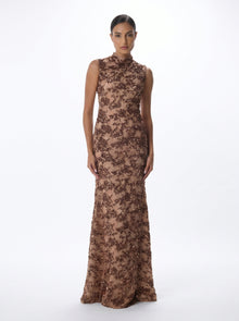 Sultana Chocolate Sequin Lace Column Gown with Cape