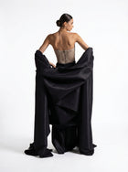 Marguerite Black Beaded Corset Bodice Draped Skirt Couture Gown