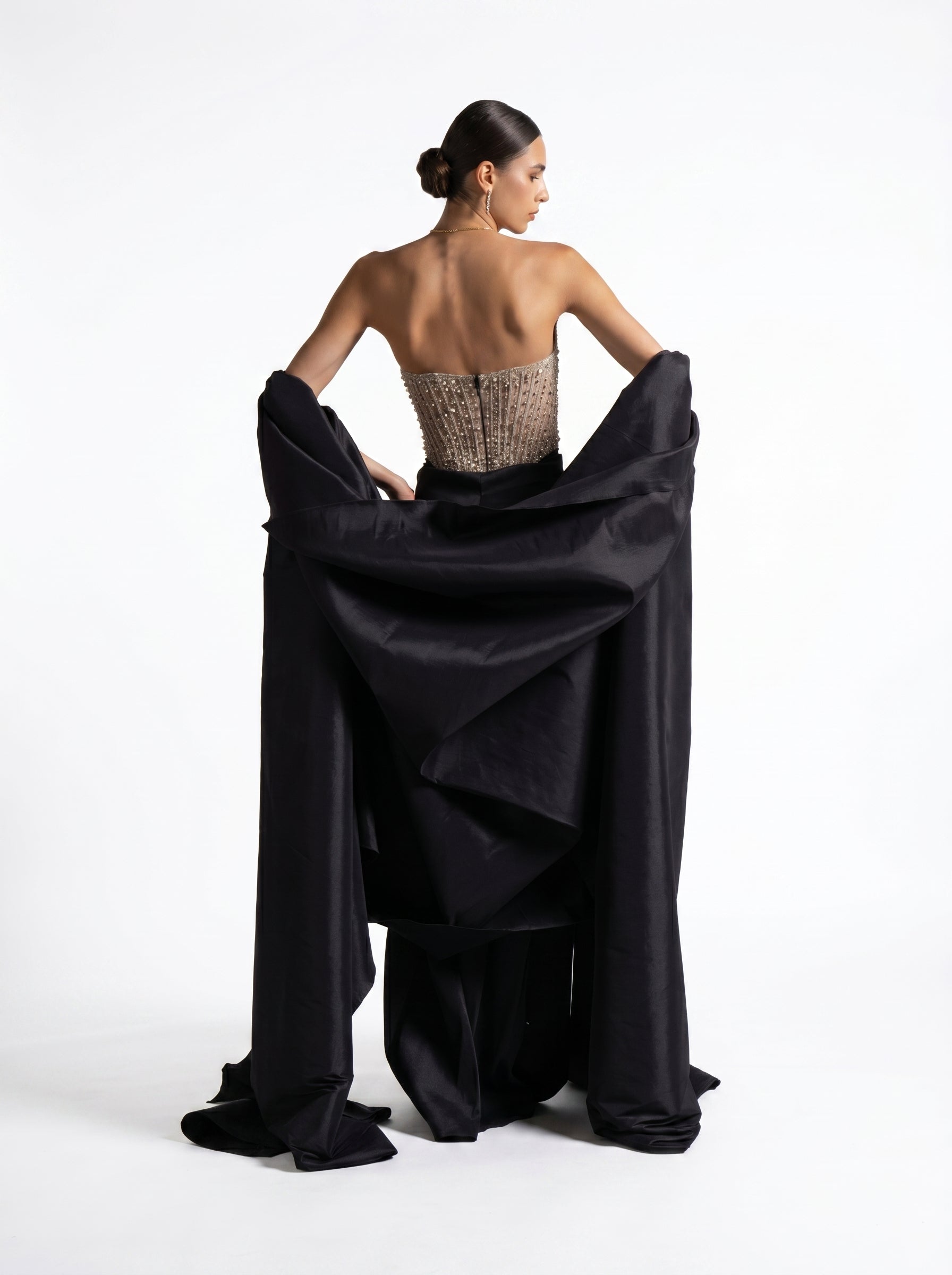 Marguerite Black Beaded Corset Bodice Draped Skirt Couture Gown