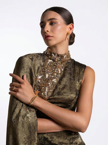 Grace Fatigue Green Cape Embellished Couture Gown