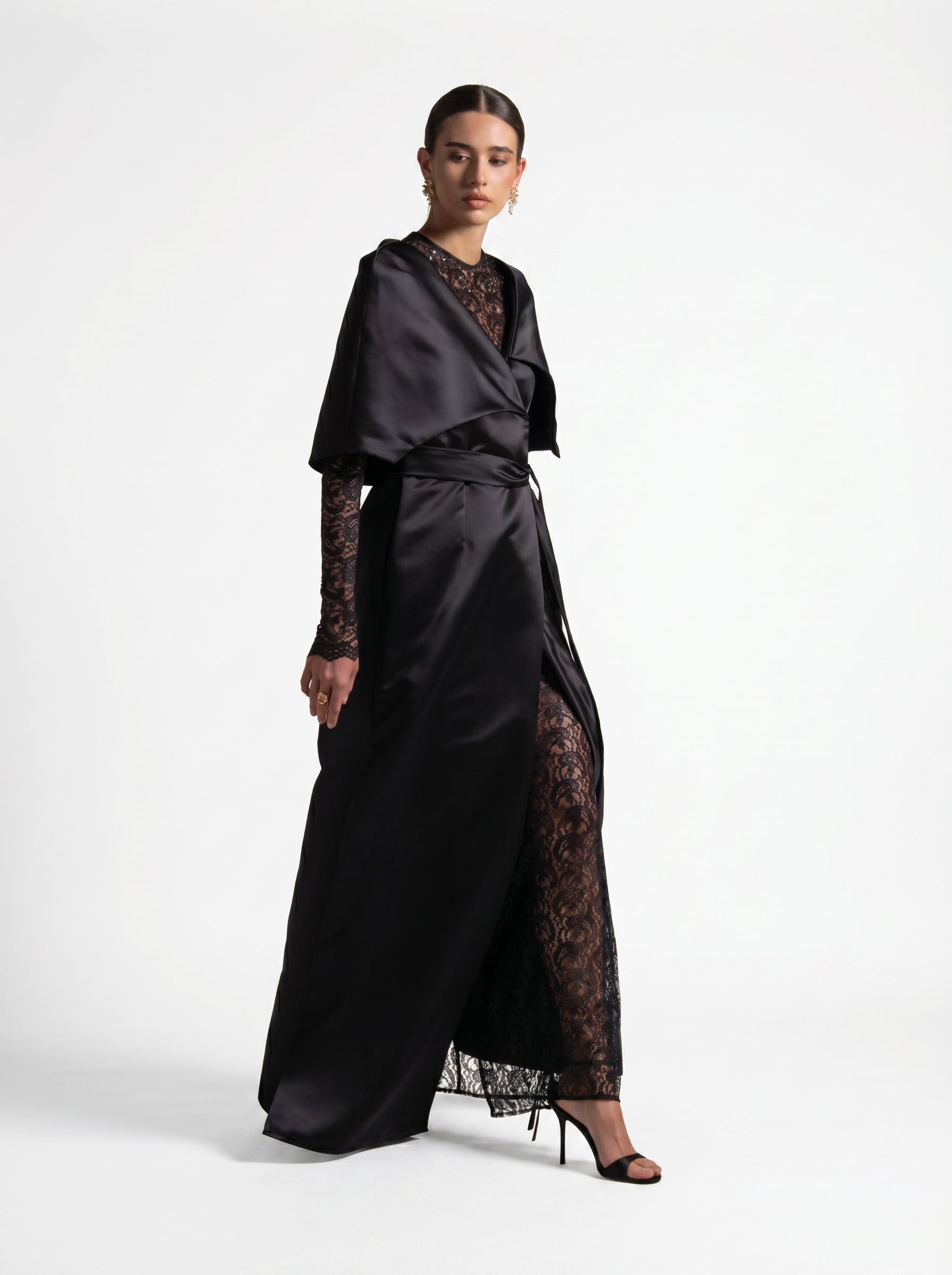 Eterna Black Satin French Lace Wrap Gown