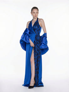 Midnight Royal Blue Lace Cape Gown back by MOOEi — Luxury Evening Wear Dubai