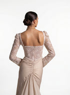 Evania Beige Lace Bodice Long Sleeve Draped Chiffon Gown