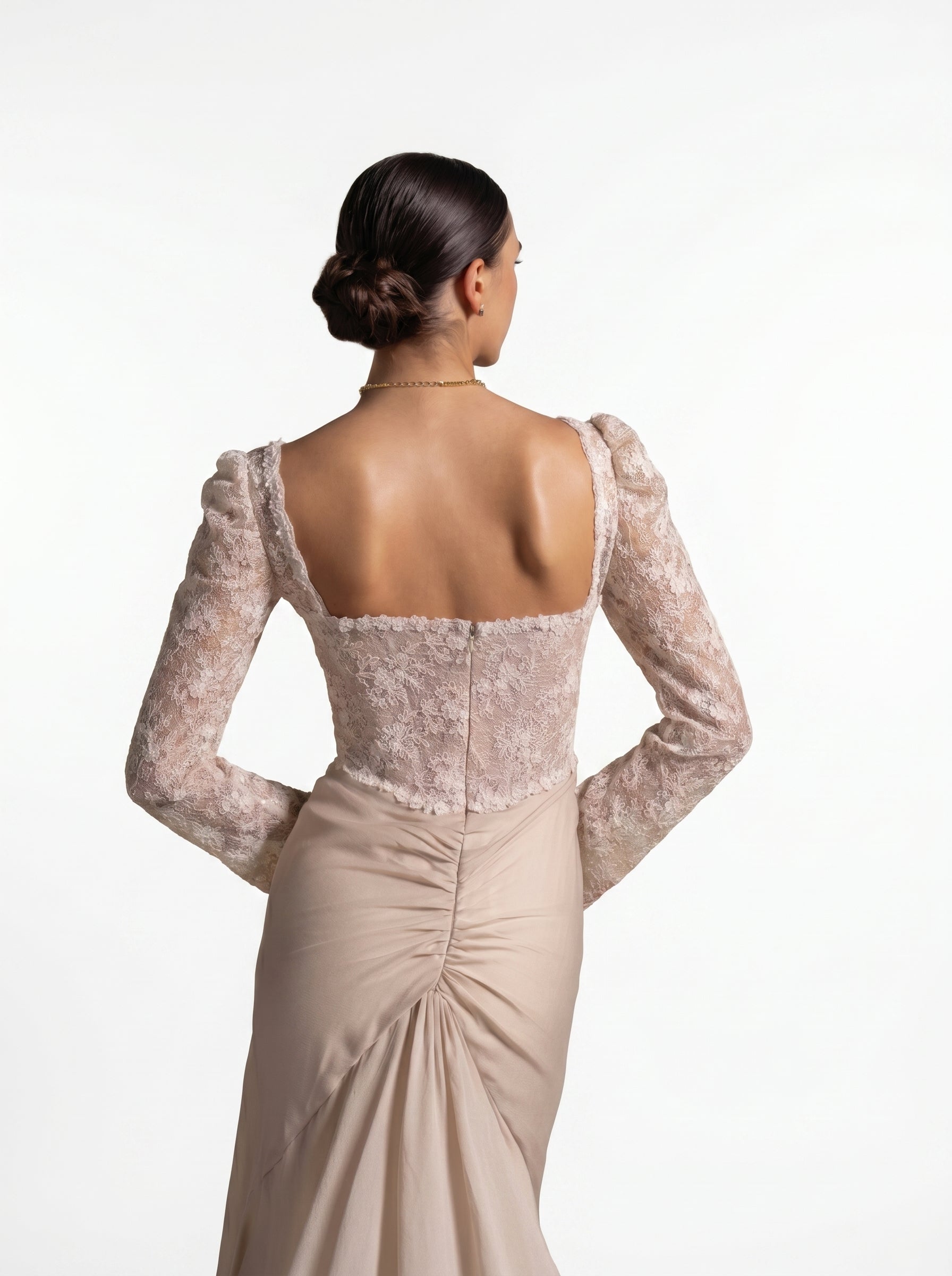 Evania Beige Lace Bodice Long Sleeve Draped Chiffon Gown