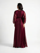 Burgaya Maroon Chiffon Pleated Beaded Gown