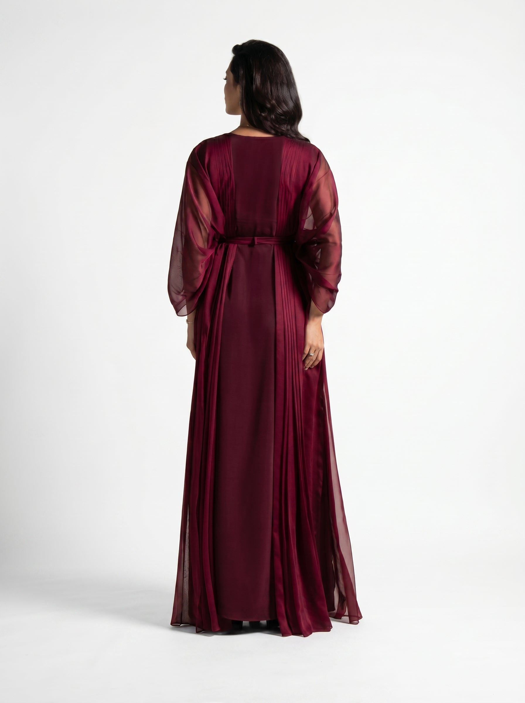Burgaya Maroon Chiffon Pleated Beaded Gown