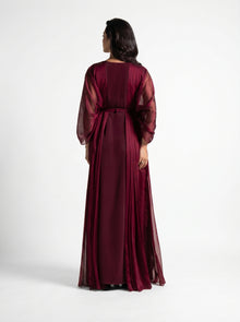 Burgaya Maroon Chiffon Pleated Beaded Gown