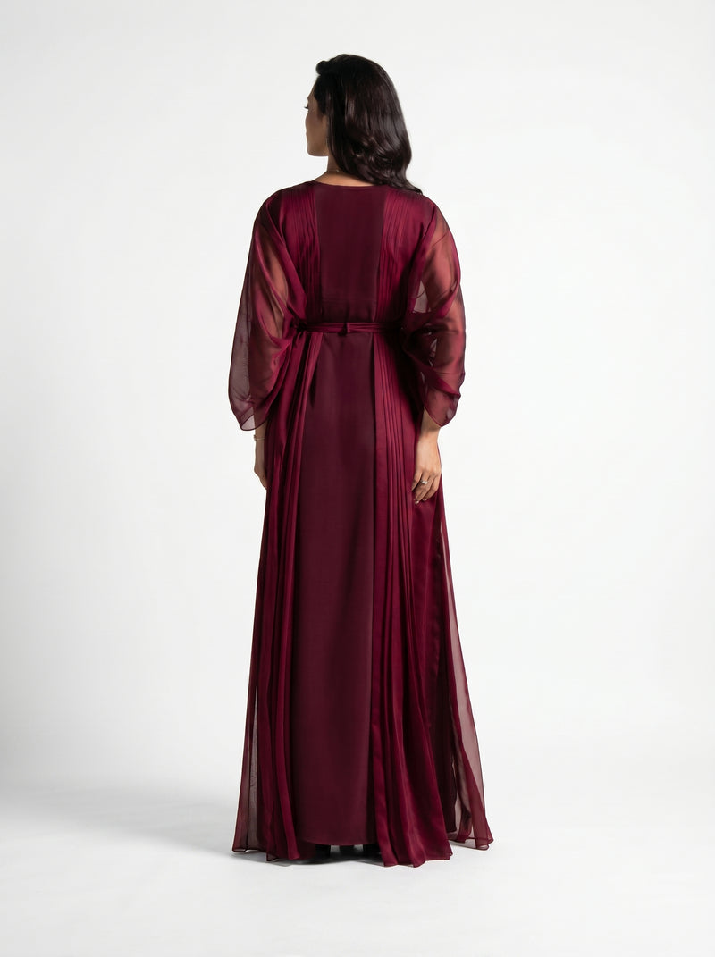 Burgaya Maroon Chiffon Pleated Beaded Gown