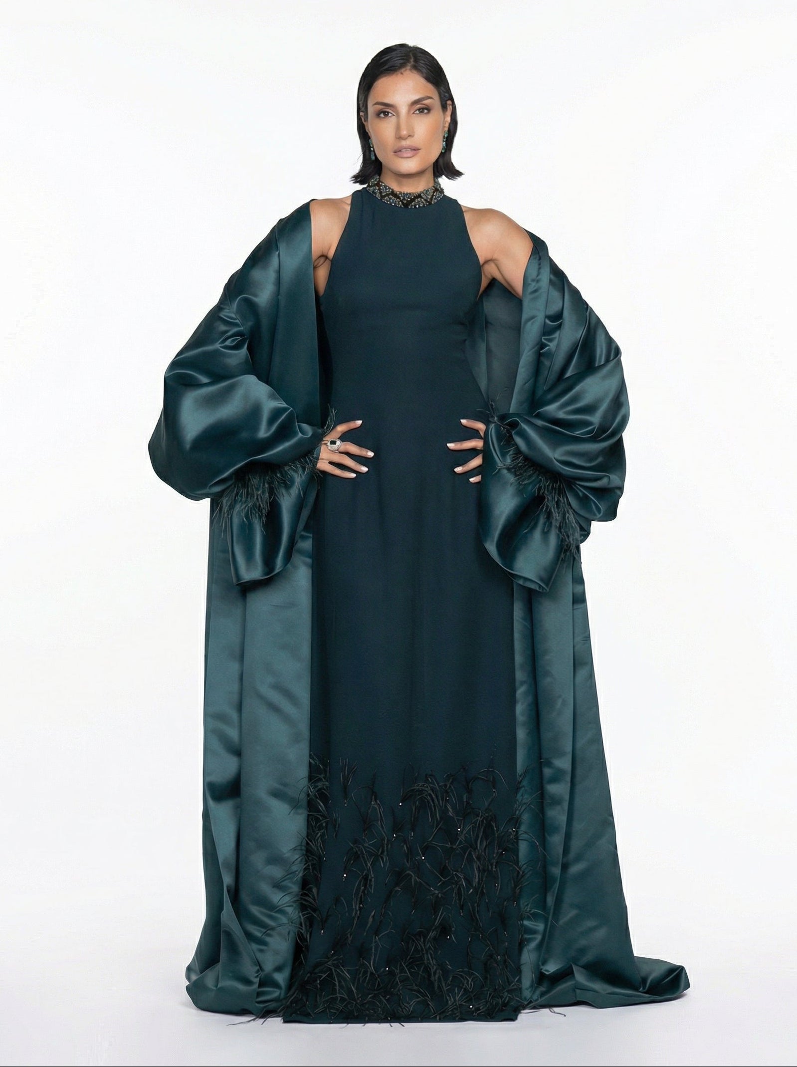 Majestique Emerald Green Crepe Lace Embellished Feather Detail Set by MOOEi — Luxury Evening Wear Dubai