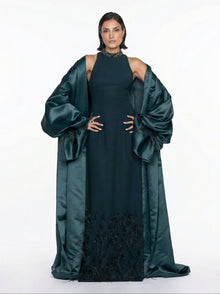 Majestique Emerald Green Crepe Lace Embellished Feather Detail Set by MOOEi — Luxury Evening Wear Dubai