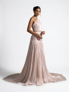 Avelisse Beige Beaded Halter Gown detail by MOOEi — Luxury Evening Wear Dubai