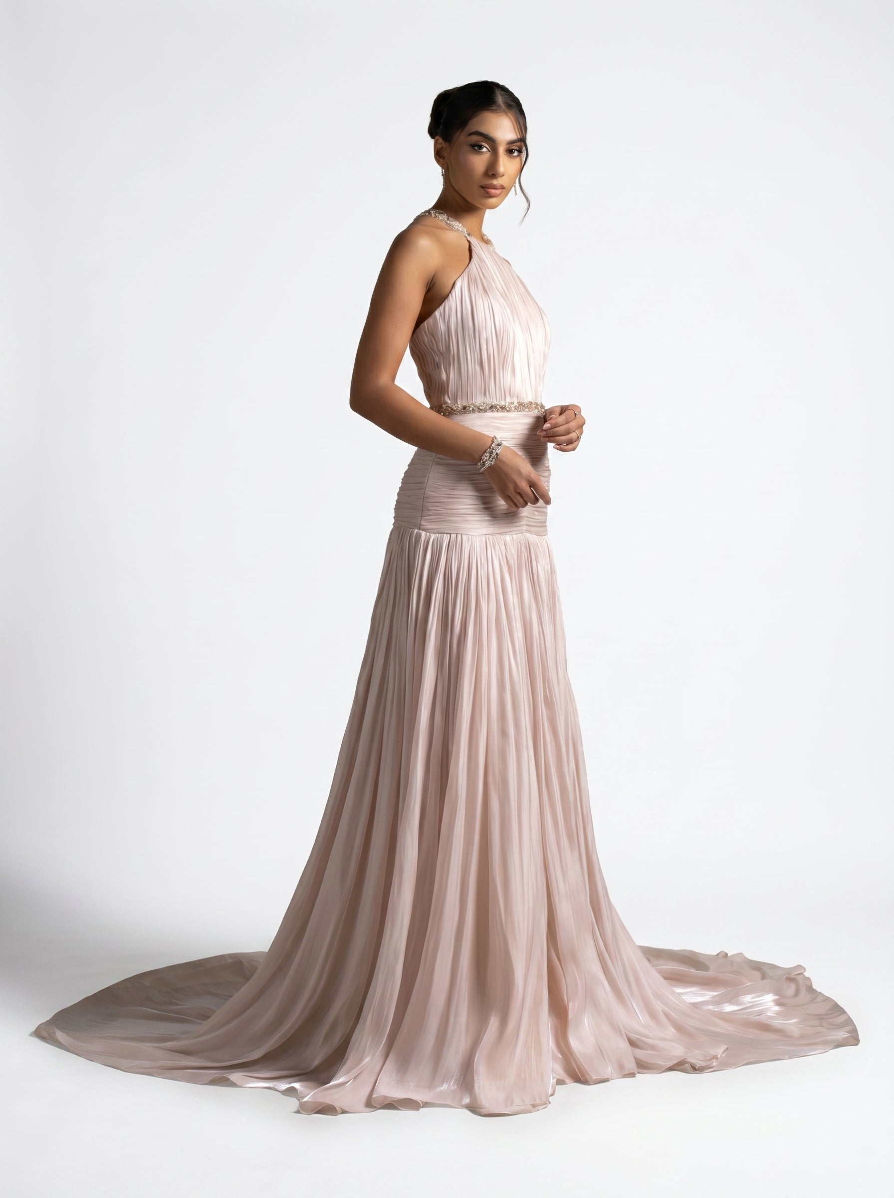Avelisse Beige Beaded Halter Gown detail by MOOEi — Luxury Evening Wear Dubai