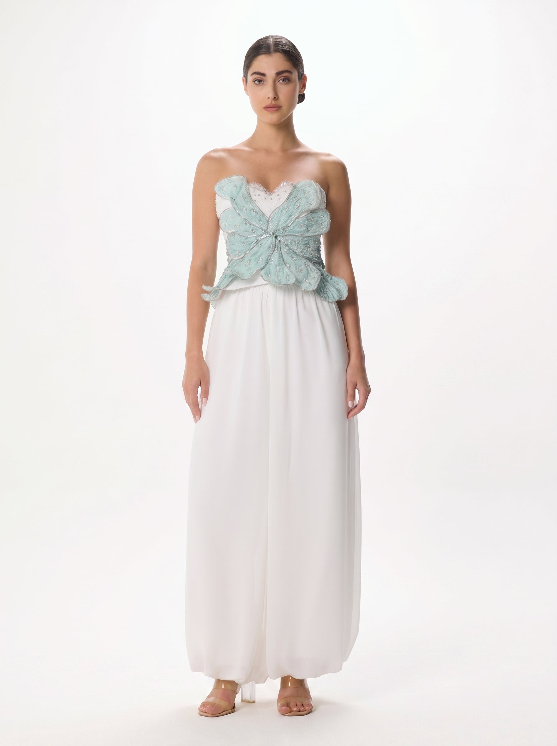 Bolide Mint White Bustier Palazzo Pant Chiffon Set
