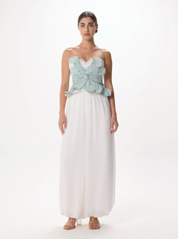 Bolide Mint White Bustier Palazzo Pant Chiffon Set