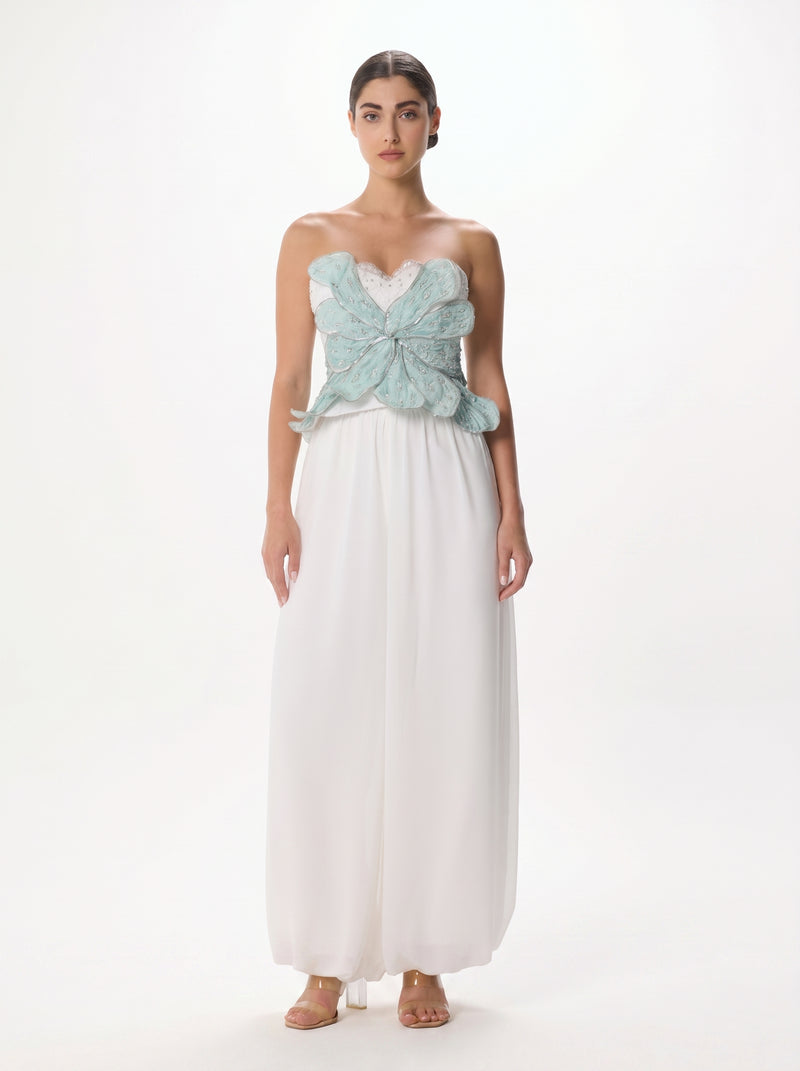 Bolide Mint White Bustier Palazzo Pant Chiffon Set