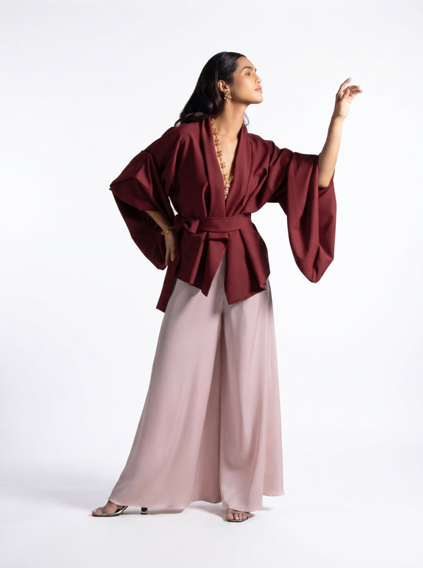 Zaria Maroon Wrap Top Blush Wide Leg Trouser Set
